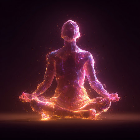 Man meditating in lotus pose with glowing lines and particles on dark backgroundの素材