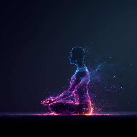 Man meditating in lotus pose with glowing particles on dark backgroundの素材