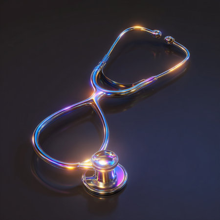 Stethoscope on a black background. 3D rendering. Neon lights.の素材