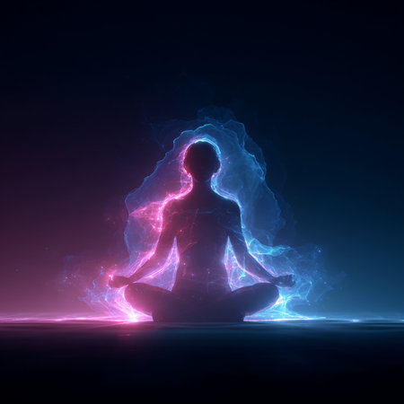 Woman meditating in lotus pose with blue light effect on dark backgroundの素材