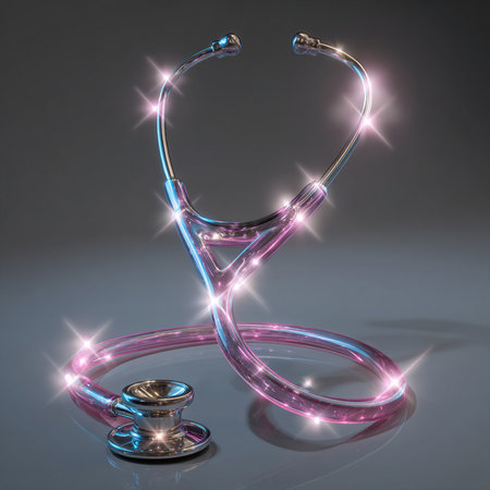 Stethoscope on a gray background. 3d render. Lens flare.の素材