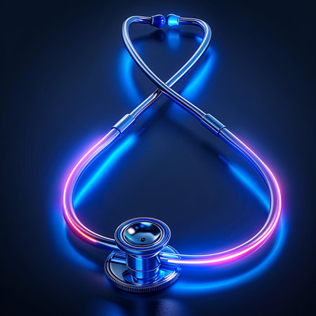 Stethoscope on blue background. 3D rendering. Neon sign.の素材