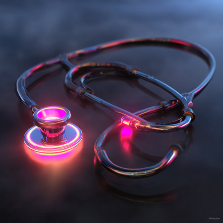 Stethoscope on a dark background. 3D rendering. Neon light.の素材