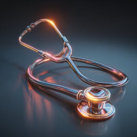 Stethoscope on a black background. 3D rendering. Lens flare.の素材