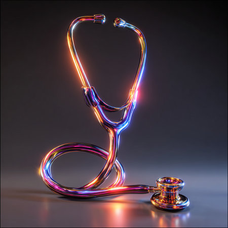 Stethoscope in neon light on a dark background. 3d renderingの素材