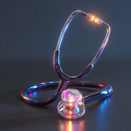 Stethoscope on a dark background. 3D rendering. Neon lights.の素材
