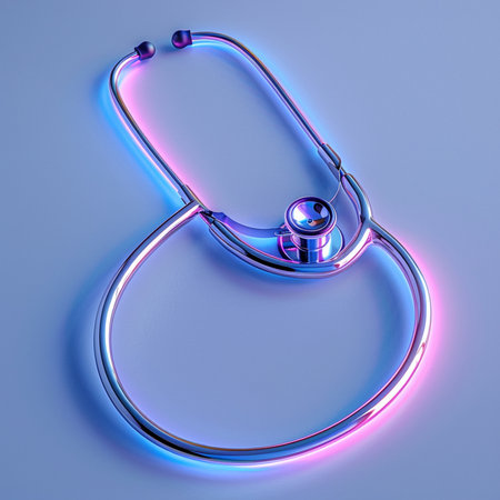 Stethoscope in neon light. 3d illustration. Blue background.の素材