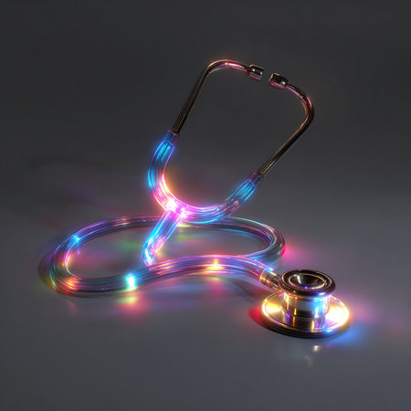 Stethoscope with colorful lights on a dark background. 3d renderingの素材