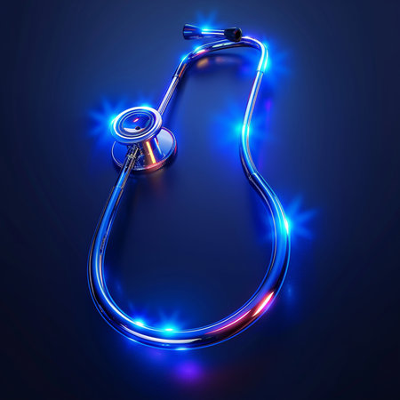 Neon stethoscope on dark blue background. Vector illustration.の素材