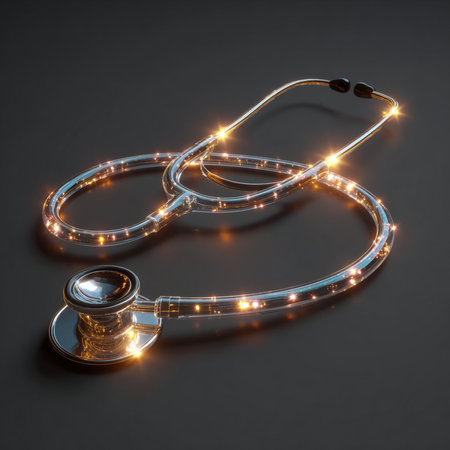 Stethoscope on a black background. 3D rendering. Neon lights.の素材