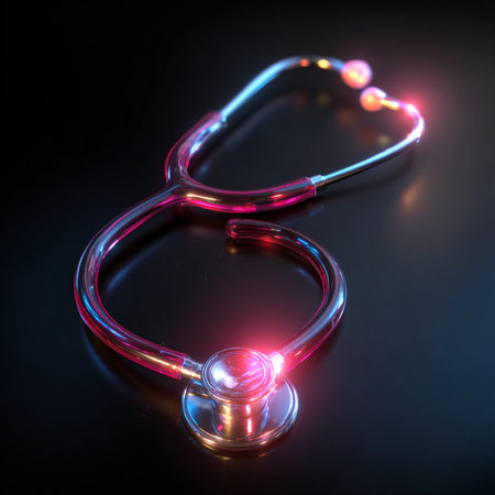 Stethoscope on a black background. 3d rendering. Neon lights.の素材