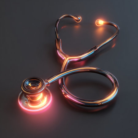 Stethoscope on a dark background. 3D rendering. Neon lights.の素材
