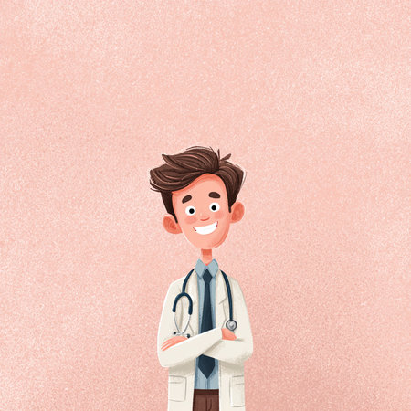 Cute cartoon doctor with stethoscope on pink background. Vector illustration.の素材