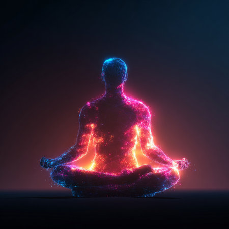 Man meditating in lotus pose, glowing lines on dark backgroundの素材