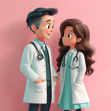 Vector illustration of a cartoon doctor with a patient on a pink backgroundの素材