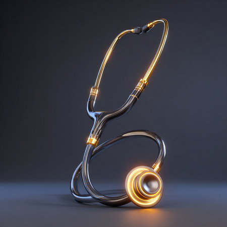 Stethoscope on a dark background. 3D rendering. Neon lights.の素材