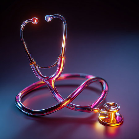 Stethoscope on a black background. 3D rendering. Neon light.の素材