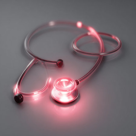 Stethoscope on a gray background. 3D rendering. Neon lights.の素材