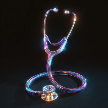 Stethoscope in neon light on black background. 3D renderingの素材