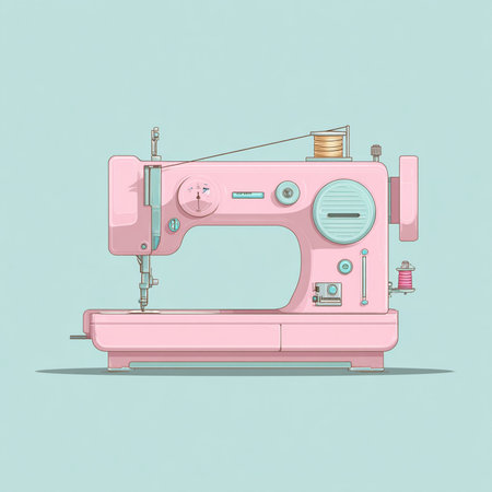 Pink sewing machine with buttons and thread isolated on blue background. Vector illustrationの素材