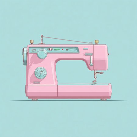 Pink sewing machine isolated on blue background. Vector illustration. Eps 10.の素材