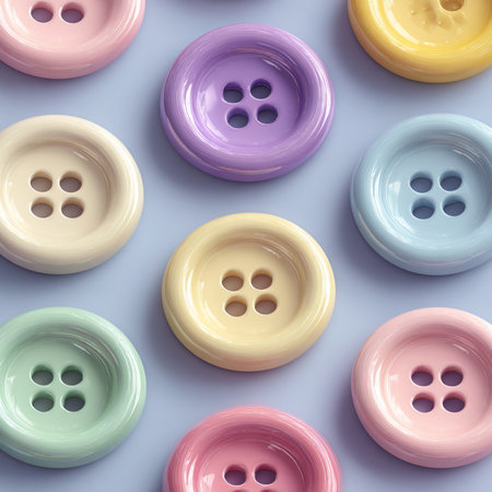 Seamless pattern of colorful sewing buttons on pastel blue backgroundの素材