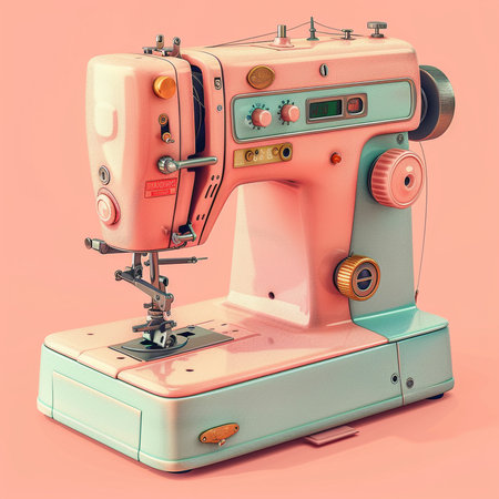 Modern sewing machine on a pink background. 3d illustration. Retro styles.の素材