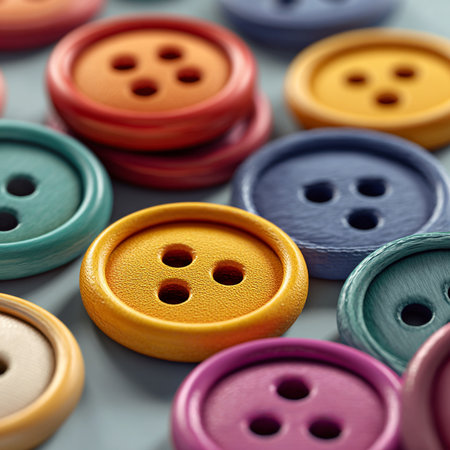 Colorful buttons on gray background. Close-up. Selective focus.の素材