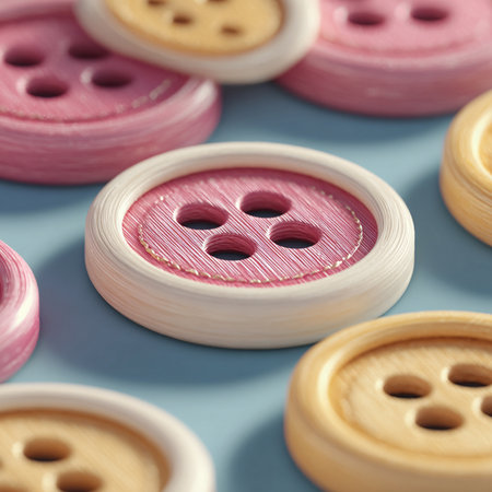 Colorful sewing buttons on a blue background. Close-up.の素材