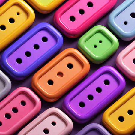Colorful plastic buttons on purple background, close-up image.の素材