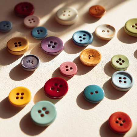 Colorful buttons on a white background. Shallow depth of field.の素材