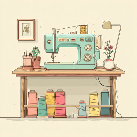 Sewing machine in the room. Hand drawn vector illustration.の素材