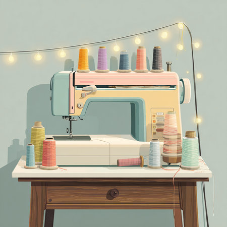 Sewing machine and sewing accessories. Vector illustration in retro styleの素材