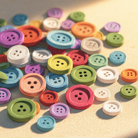Colorful sewing buttons on beige background. Selective focus.の素材