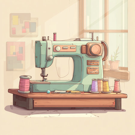 Sewing machine in vintage style. Hand drawn vector illustration.の素材