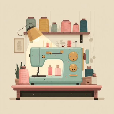 Sewing machine in workshop. Vector illustration in flat style.の素材