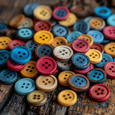 Colorful sewing buttons on old wooden table. Selective focus.の素材
