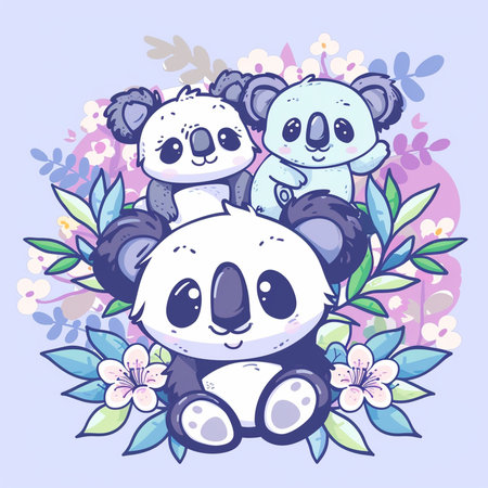 Cute cartoon panda bear family with flowers. Vector illustration.の素材