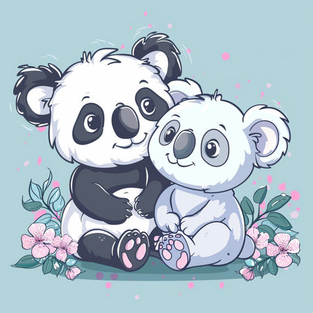 Cute cartoon panda bear and panda bear with flowers.の素材