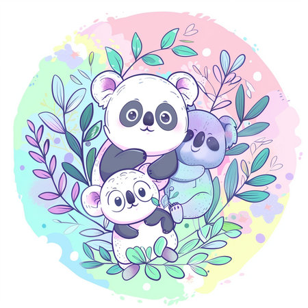Cute cartoon panda family on floral background. Vector illustration.の素材