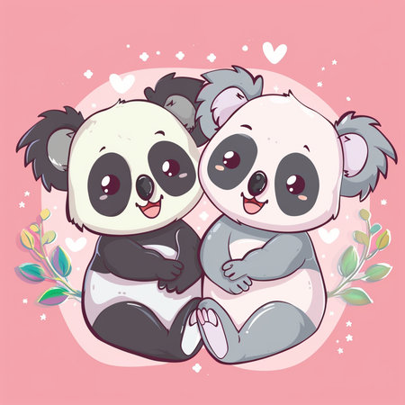 Cute cartoon couple of panda bear and koala bear.の素材