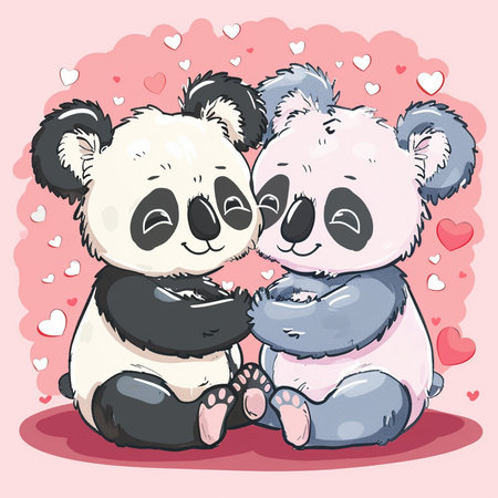 Cute cartoon couple of panda bear in love. Vector illustration.の素材