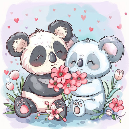 Cute cartoon couple of panda bears with flowers, vector illustrationの素材