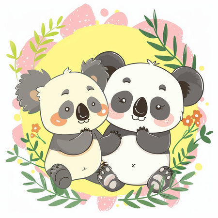 Cute cartoon koala couple on floral background. Vector illustration.の素材