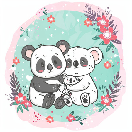 Cute hand drawn vector illustration of a couple of panda bears.の素材