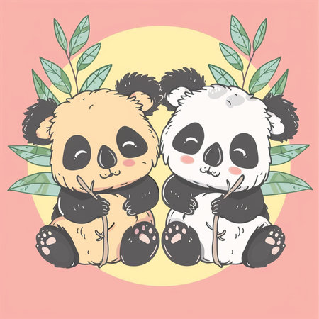 Cute panda couple sitting on the moon. Vector illustration.の素材