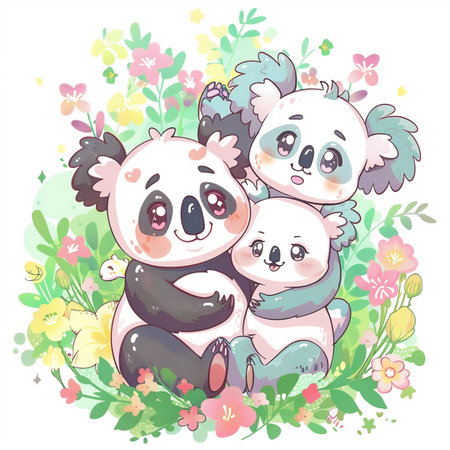 Cute cartoon panda bear family with flowers. Vector illustration.の素材