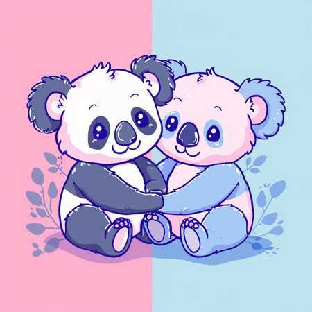 Cute cartoon koala couple sitting on a blue and pink backgroundの素材