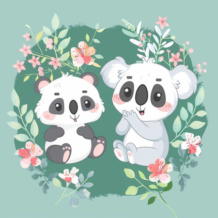 Cute cartoon panda bear couple with floral frame. Vector illustration.の素材