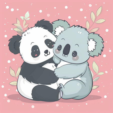Cute cartoon couple of koala bears on pink background. Vector illustration.の素材
